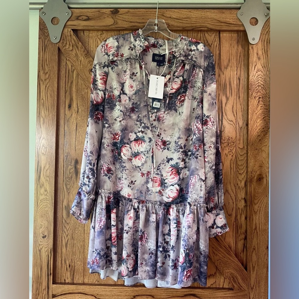 NWT Marchesa Notte Floral Textured Charmeuse Mini Ruffle Trim Dress size 4